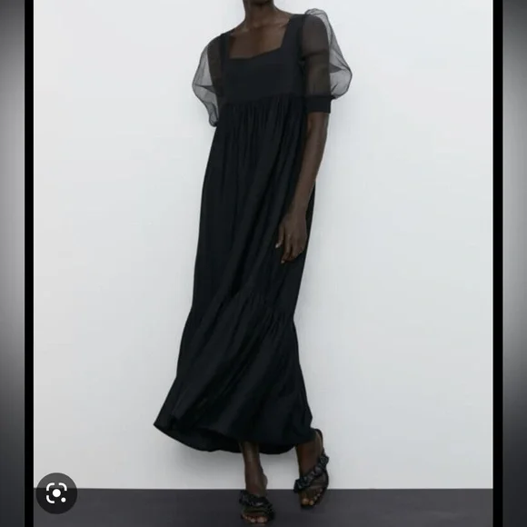 Beautiful black empire waist dress w/ organza puff sleeves